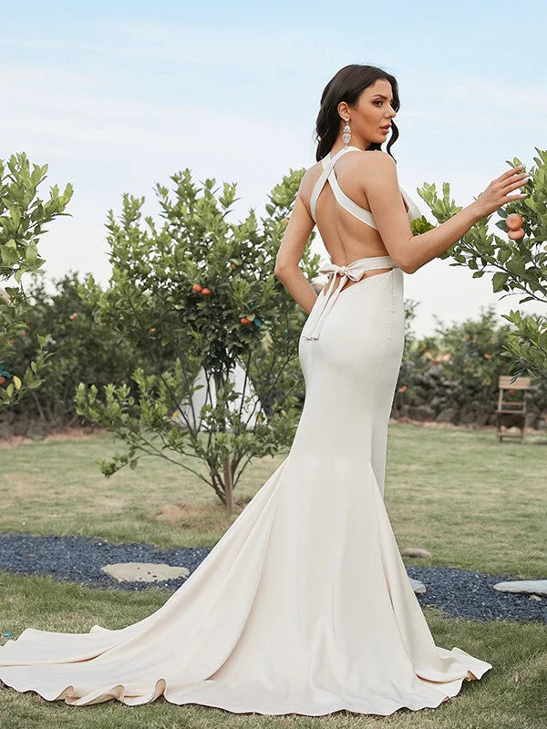 Side view of the sleeveless stretch crepe prom dress, highlighting ruched waist.