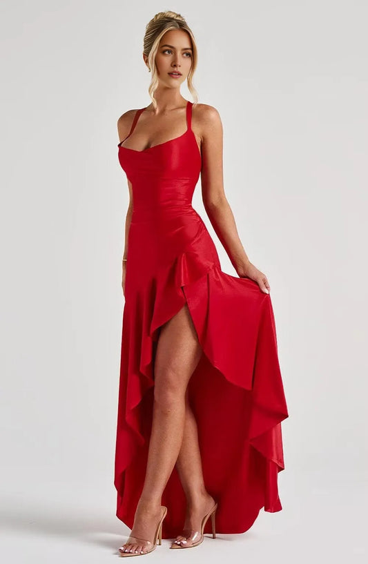 Elegant Sweetheart Neck Asymmetric Ruffle High-Slit Satin Maxi Evening Dress with Crisscross Lace-Up Back
