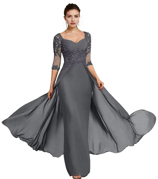 Elegant Sweetheart Neck Half Sleeve Lace Beaded Chiffon Overlay Maxi Evening Dress