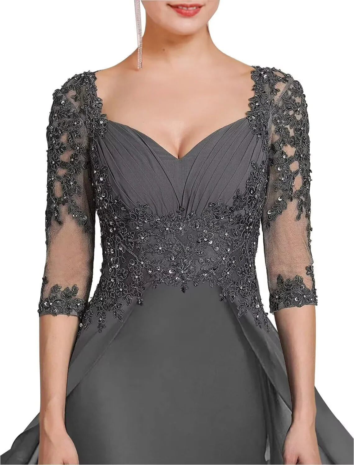 Elegant Sweetheart Neck Half Sleeve Lace Beaded Chiffon Overlay Maxi Evening Dress