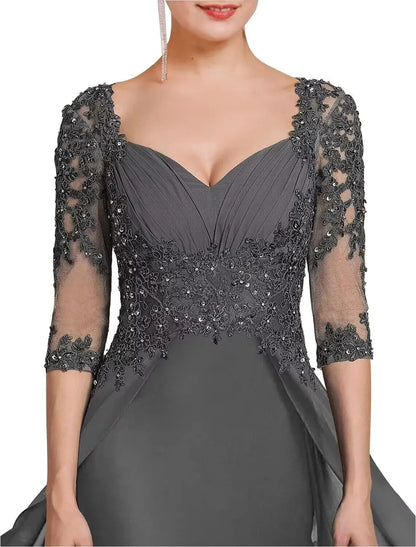 Elegant Sweetheart Neck Half Sleeve Lace Beaded Chiffon Overlay Maxi Evening Dress