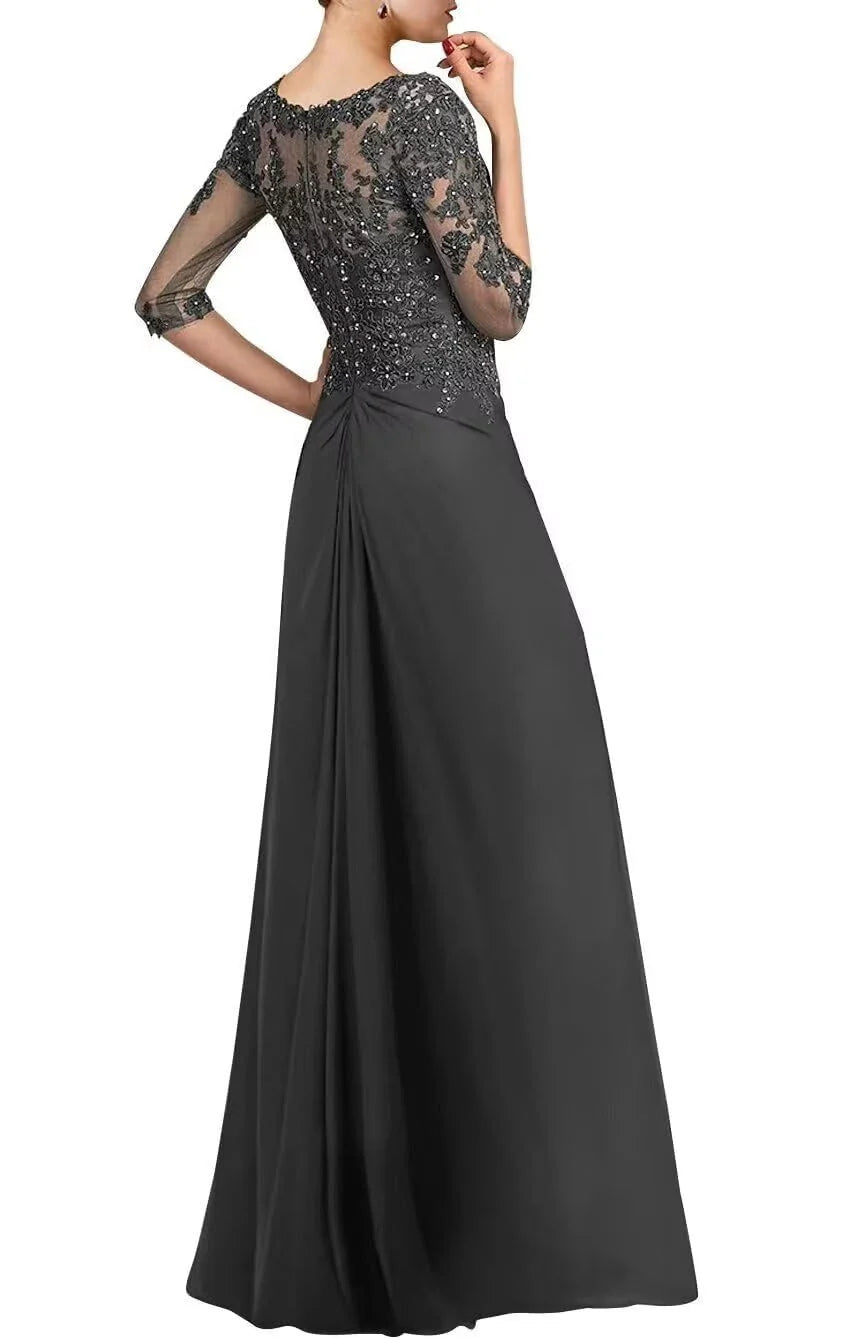 Elegant Sweetheart Neck Half Sleeve Lace Beaded Chiffon Overlay Maxi Evening Dress