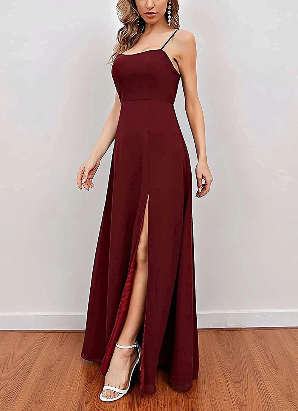 Elegant Sweetheart Neck Spaghetti Strap High-Slit Chiffon Maxi Evening Dress with Bow-Back