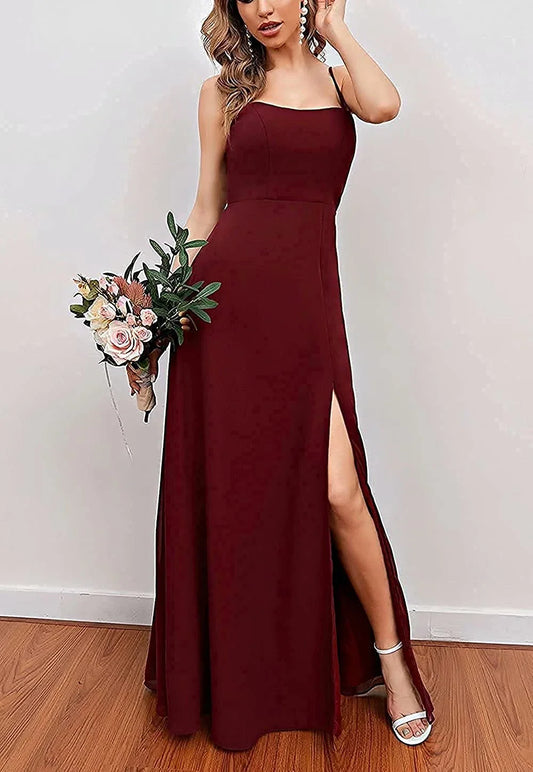Elegant Sweetheart Neck Spaghetti Strap High-Slit Chiffon Maxi Evening Dress with Bow-Back