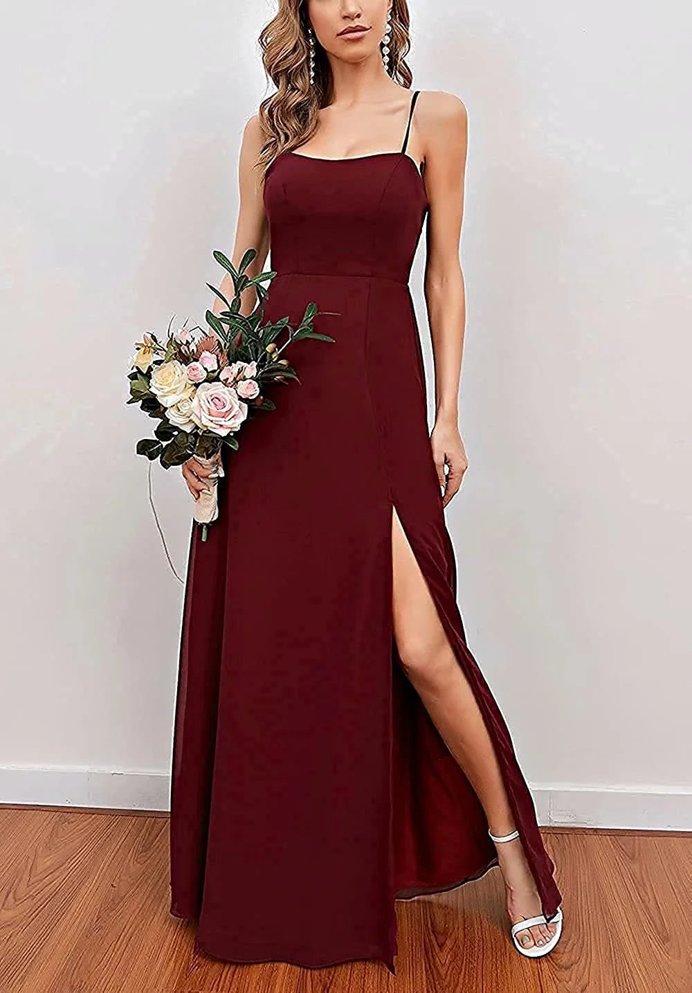 Elegant Sweetheart Neck Spaghetti Strap High-Slit Chiffon Maxi Evening Dress with Bow-Back