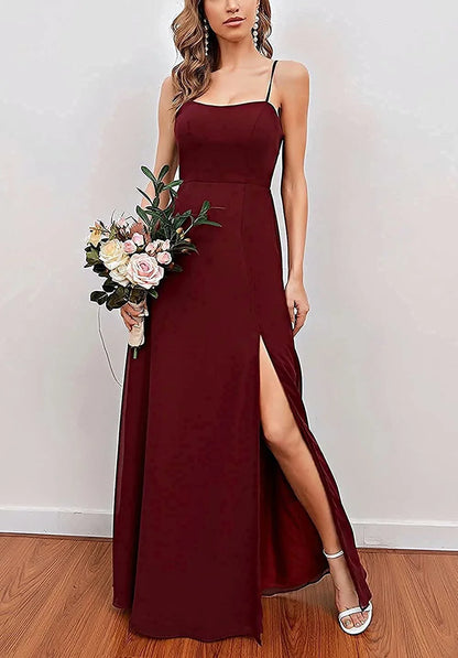 Elegant Sweetheart Neck Spaghetti Strap High-Slit Chiffon Maxi Evening Dress with Bow-Back