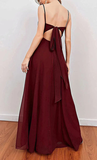 Elegant Sweetheart Neck Spaghetti Strap High-Slit Chiffon Maxi Evening Dress with Bow-Back