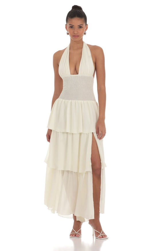 Elegant Tiered Halter-Neck Sleeveless Open-Back Ivory Chiffon Floor-Length Prom Dresses