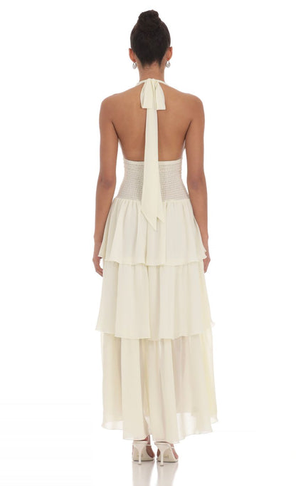 Elegant Tiered Halter-Neck Sleeveless Open-Back Ivory Chiffon Floor-Length Prom Dresses