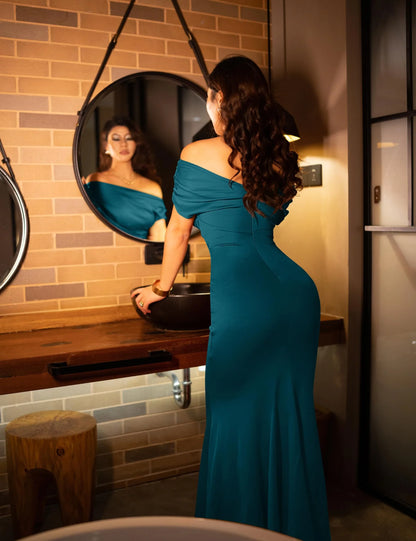 Elegant Trumpet Off-Shoulder Short-Sleeve Open-Back Maxi Mother Of The Bride Dress