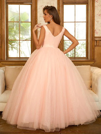 Close-up of the V-neck bodice and delicate ruffles on the ball gown.