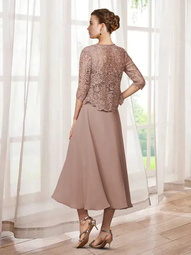 Side view of the tea-length chiffon lace mother of the bride dress with appliques.