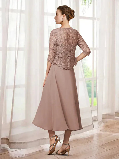 Side view of the tea-length chiffon lace mother of the bride dress with appliques.