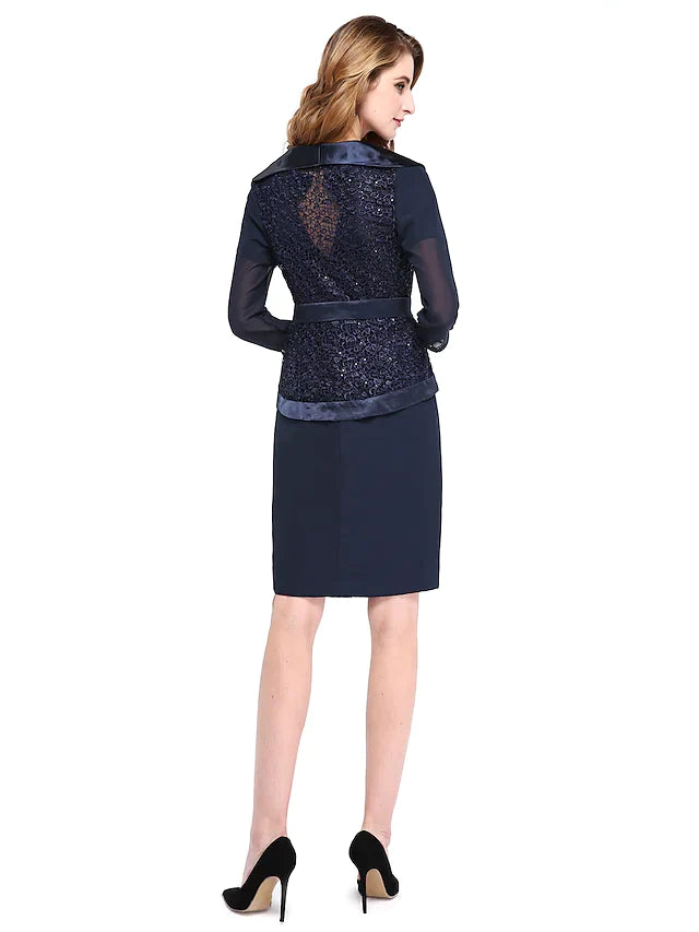 Side view of the knee-length Mother of the Bride dress, showing the flowing chiffon skirt.