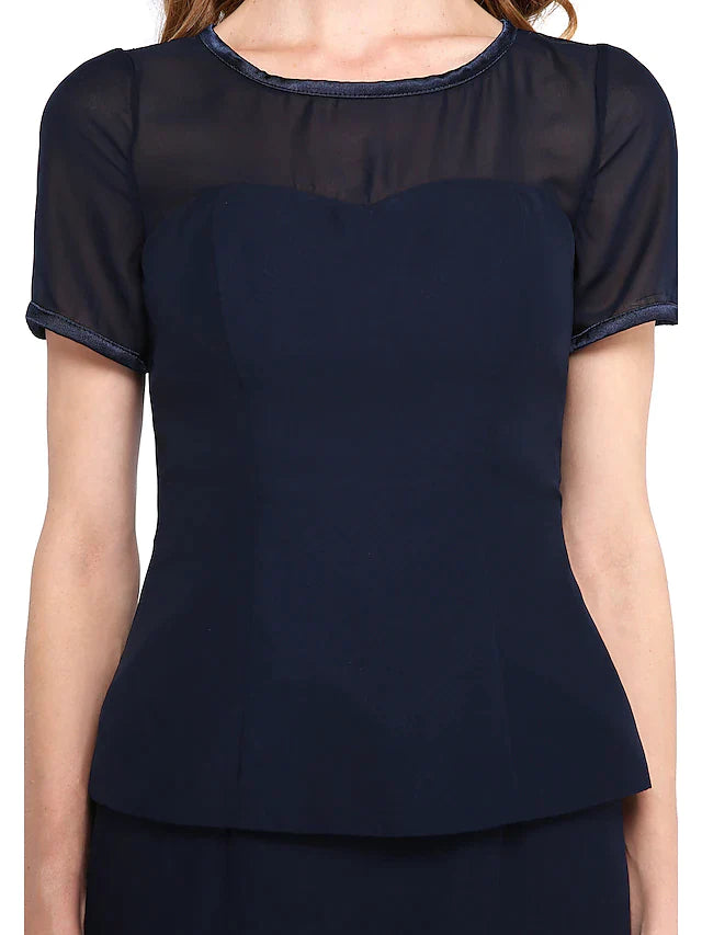 Full view of the sophisticated two-piece Mother of the Bride dress with a jewel neck.