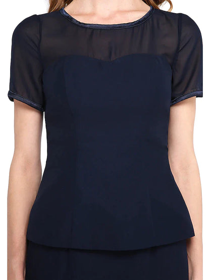 Full view of the sophisticated two-piece Mother of the Bride dress with a jewel neck.