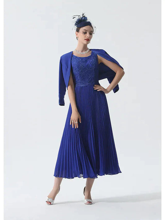 Elegant two-piece mother of the bride dress with scoop neck, 3/4 sleeves, and a matching wrap.
