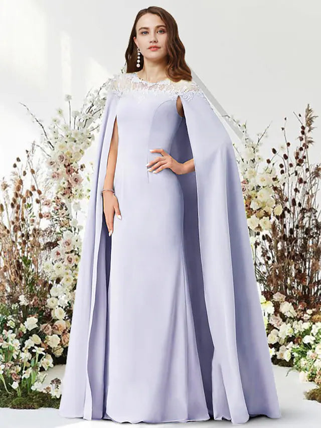 Elegant two-piece sheath evening gown with jewel neck and floor-length chiffon.
