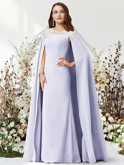 Elegant two-piece sheath evening gown with jewel neck and floor-length chiffon.