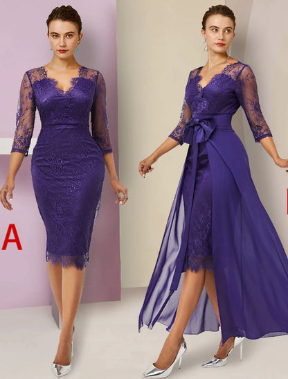 Side view of the two-piece mother of the bride dress, highlighting the knee-length skirt.
