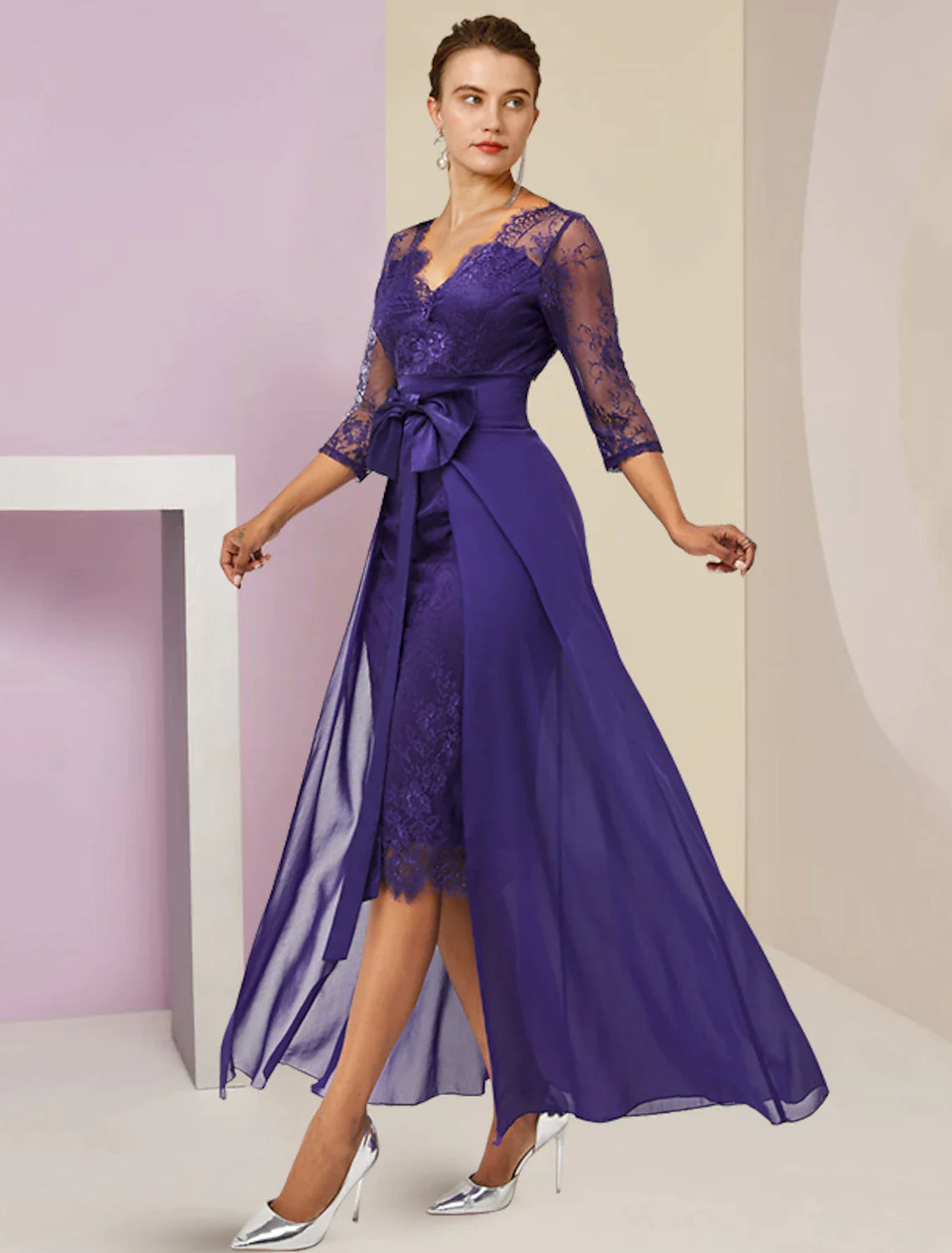 Close-up of the detachable V-neck top with chiffon lace and 3/4 sleeves.