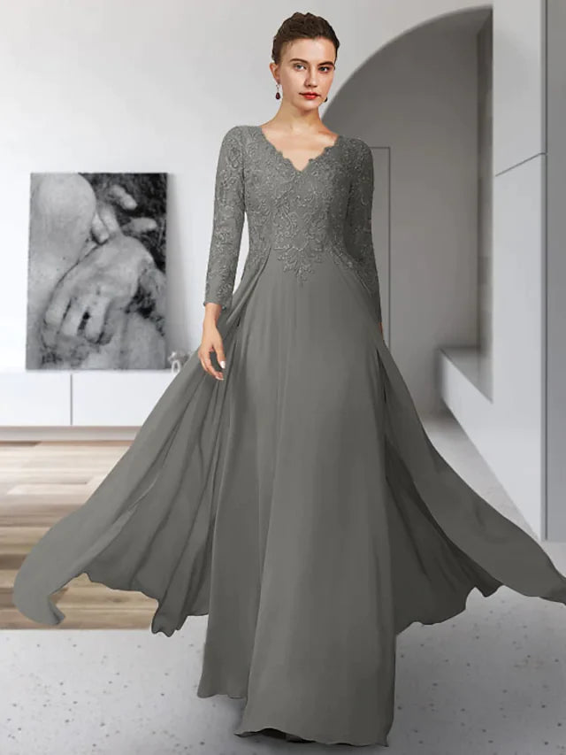 Elegant V-neck chiffon lace Mother of the Bride dress with 3/4 sleeves, pleats, and appliques.