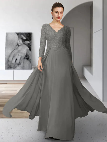 Elegant V-neck chiffon lace Mother of the Bride dress with 3/4 sleeves, pleats, and appliques.