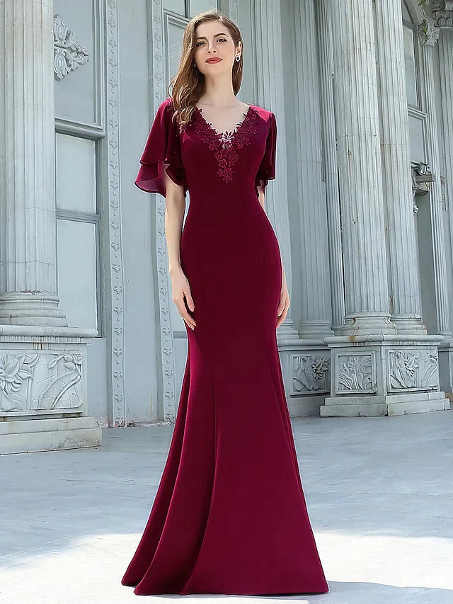 Elegant V-neck floor-length chiffon bridesmaid dress in light blue on a model.