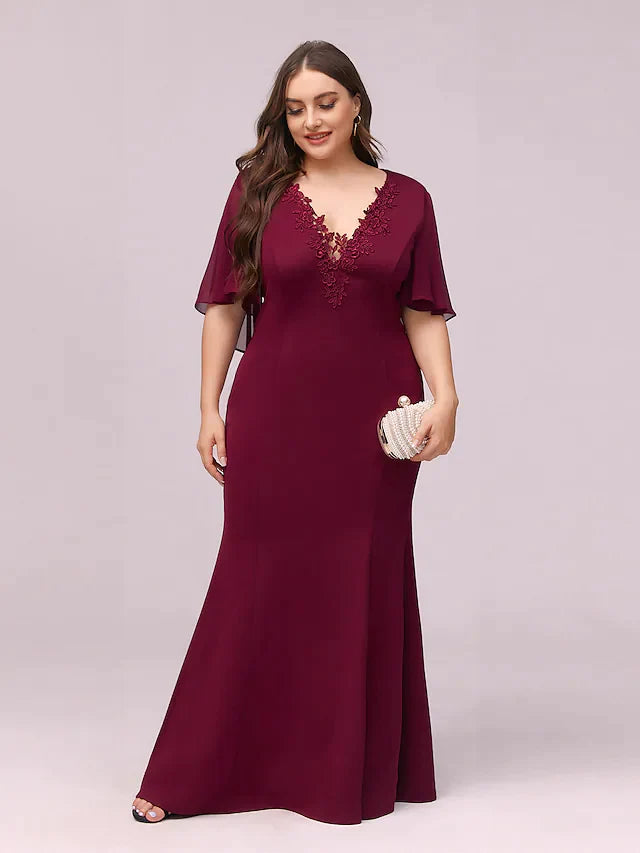 Full view of the elegant V-neck chiffon gown, perfect for bridesmaids.