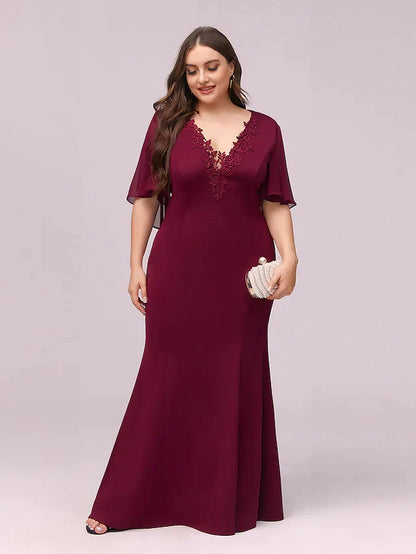 Full view of the elegant V-neck chiffon gown, perfect for bridesmaids.