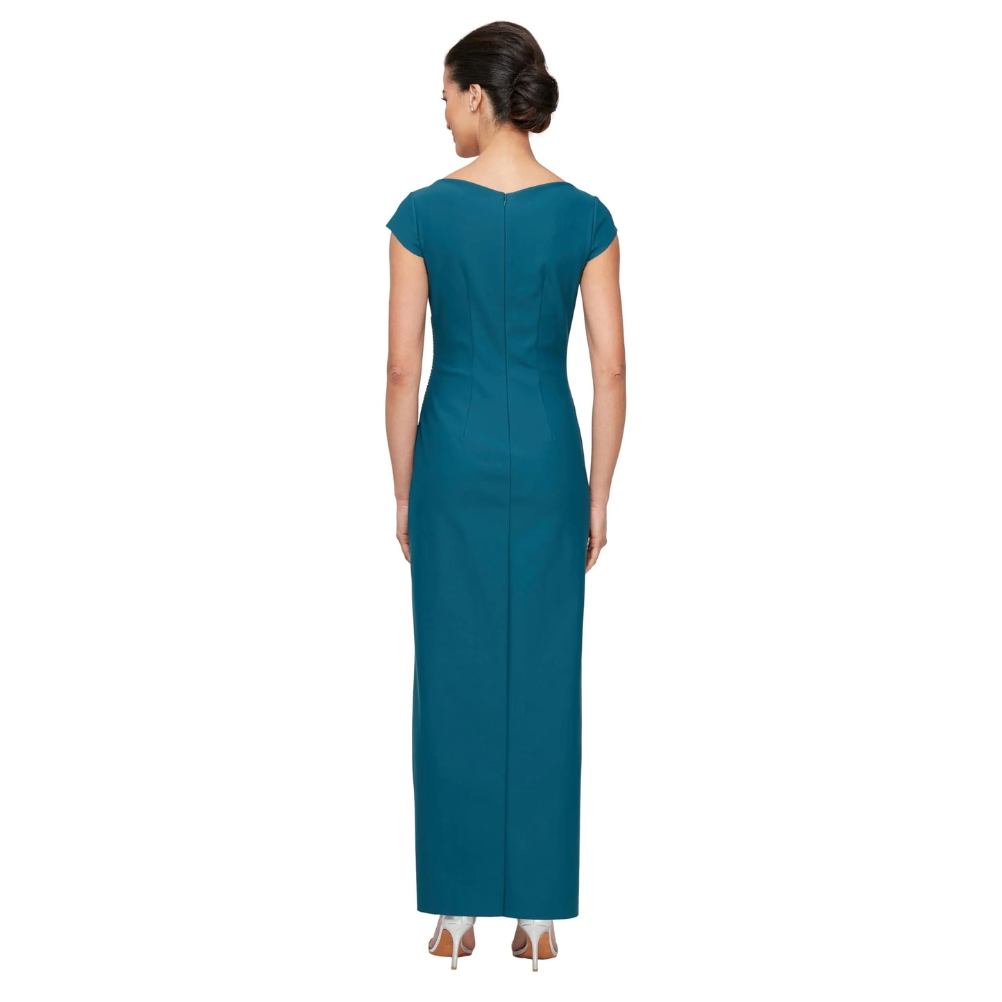 Elegant V-Neck Cap Sleeve Ruched Beaded Asymmetric Hem Maxi Evening Dress