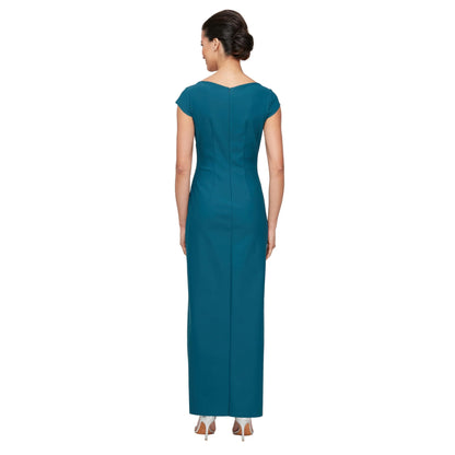 Elegant V-Neck Cap Sleeve Ruched Beaded Asymmetric Hem Maxi Evening Dress