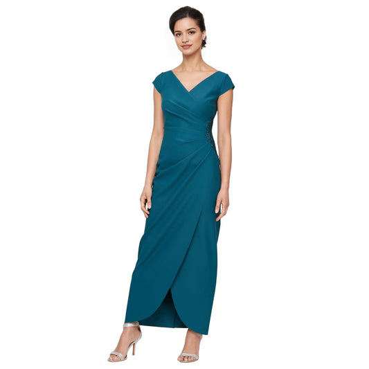 Elegant V-Neck Cap Sleeve Ruched Beaded Asymmetric Hem Maxi Evening Dress
