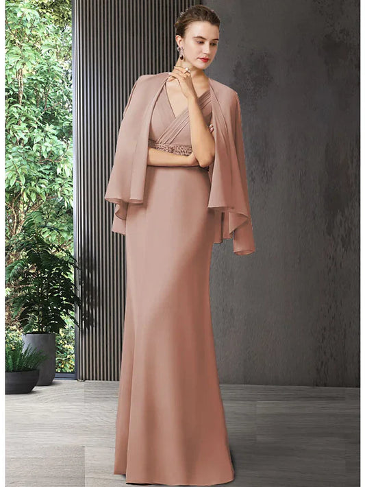 Elegant V-neck chiffon mother of the bride dress with a sash ribbon, front view.