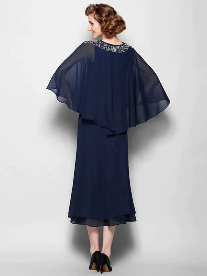 Side view of the V-neck chiffon tea length dress, highlighting the flowing skirt.