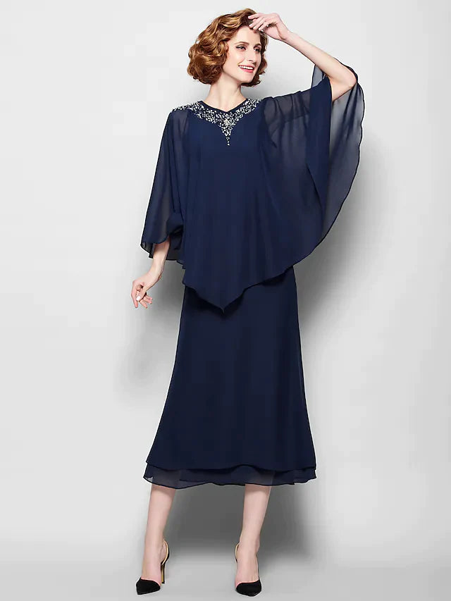 Back view of the elegant V-neck chiffon tea length dress, showing its graceful silhouette.