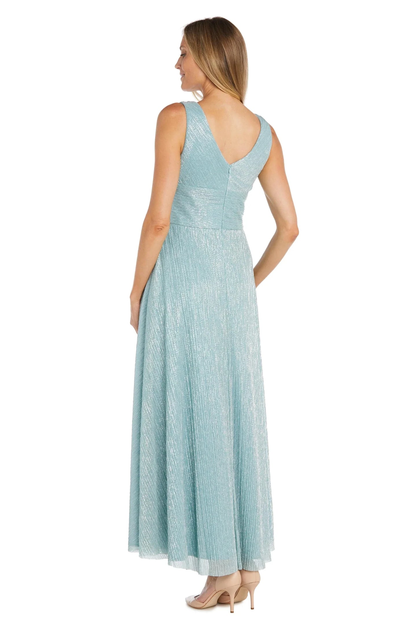 Elegant V-Neck Embellished Waist Shimmering Maxi Evening Dress