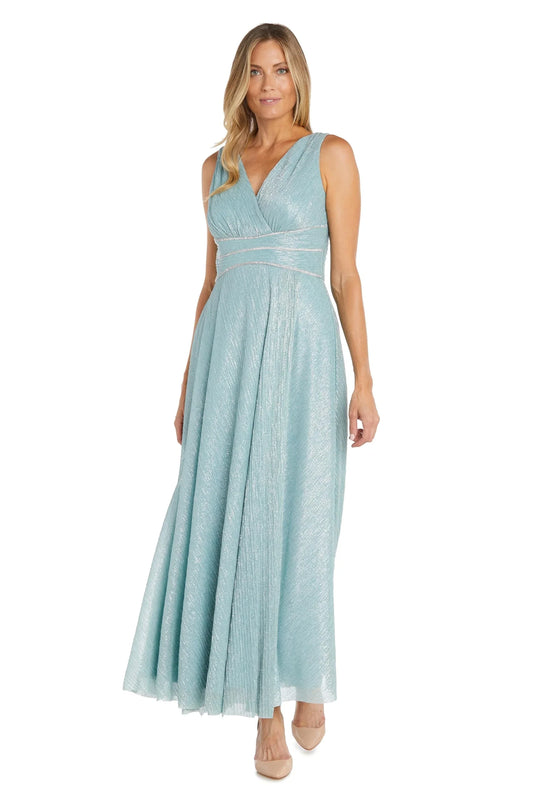 Elegant V-Neck Embellished Waist Shimmering Maxi Evening Dress