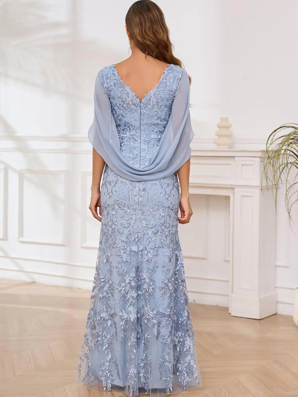 Elegant V-Neck Floral Lace Embroidered Chiffon Cape Sleeve Mermaid Maxi Evening Dress