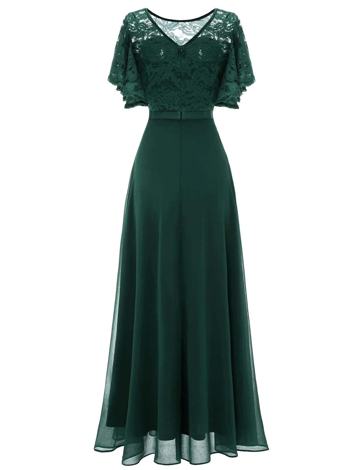 Elegant V-Neck Lace Panel Flutter Sleeve High-Waist Chiffon Maxi Mother Of The Bride Dresses