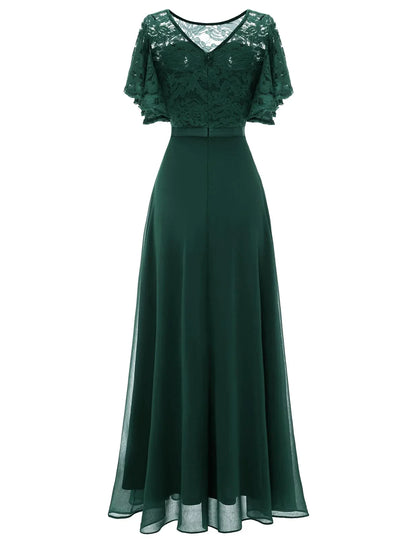 Elegant V-Neck Lace Panel Flutter Sleeve High-Waist Chiffon Maxi Mother Of The Bride Dresses