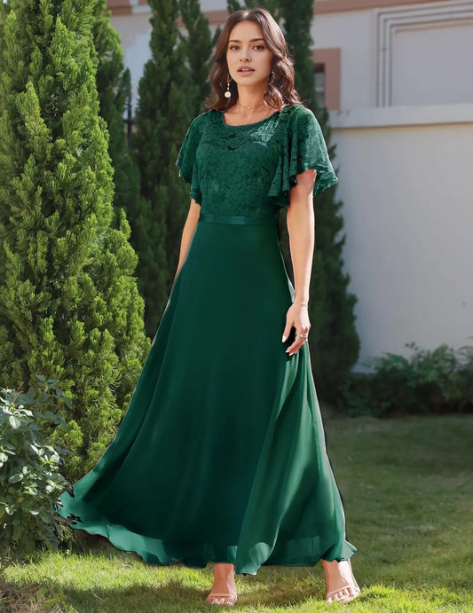 Elegant V-Neck Lace Panel Flutter Sleeve High-Waist Chiffon Maxi Mother Of The Bride Dresses