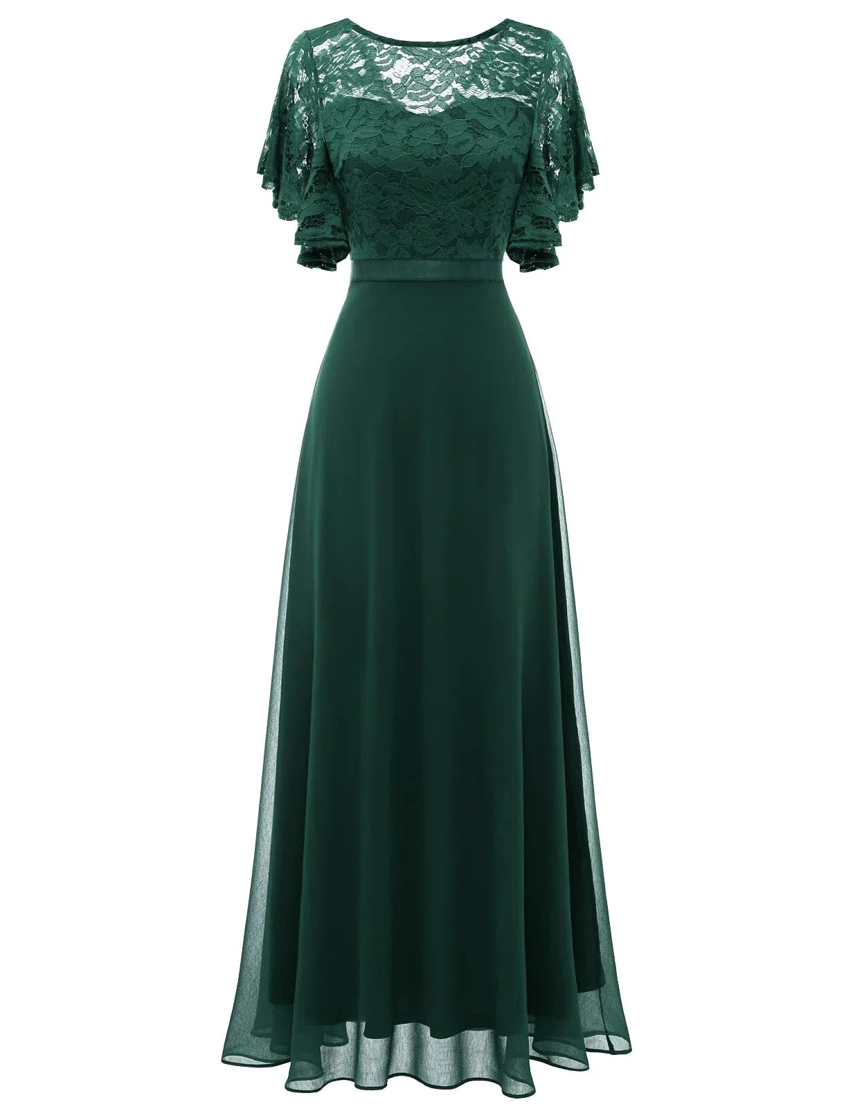 Elegant V-Neck Lace Panel Flutter Sleeve High-Waist Chiffon Maxi Mother Of The Bride Dresses