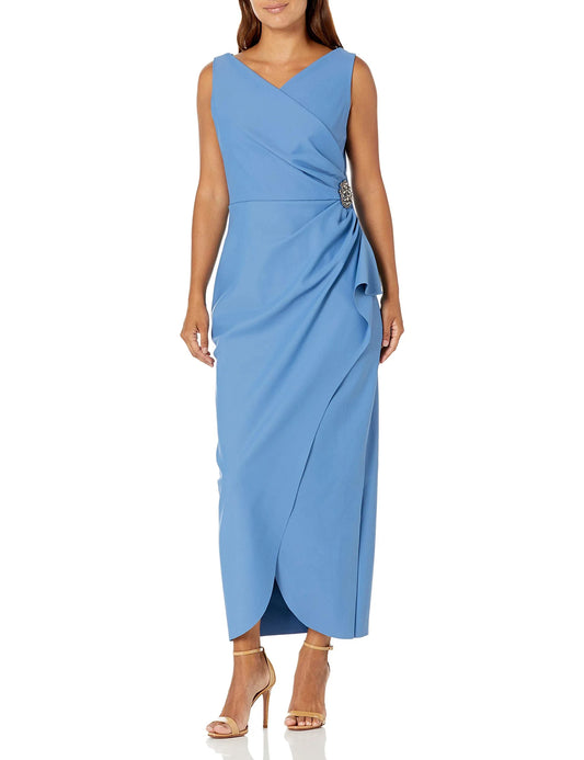 Elegant V-Neck Ruched Beaded Asymmetric Hem Maxi Evening Dress