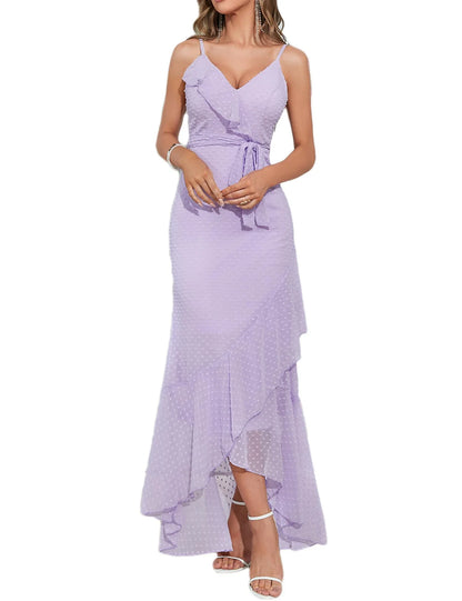 Elegant V-Neck Ruffle Trim Polka Dot High-Low Maxi Evening Dress