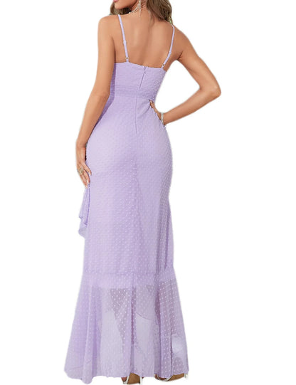Elegant V-Neck Ruffle Trim Polka Dot High-Low Maxi Evening Dress