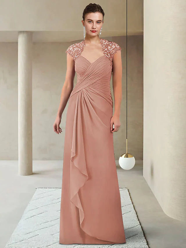 Elegant V-neck short sleeve Mother of the Bride dress with beading and ruching.