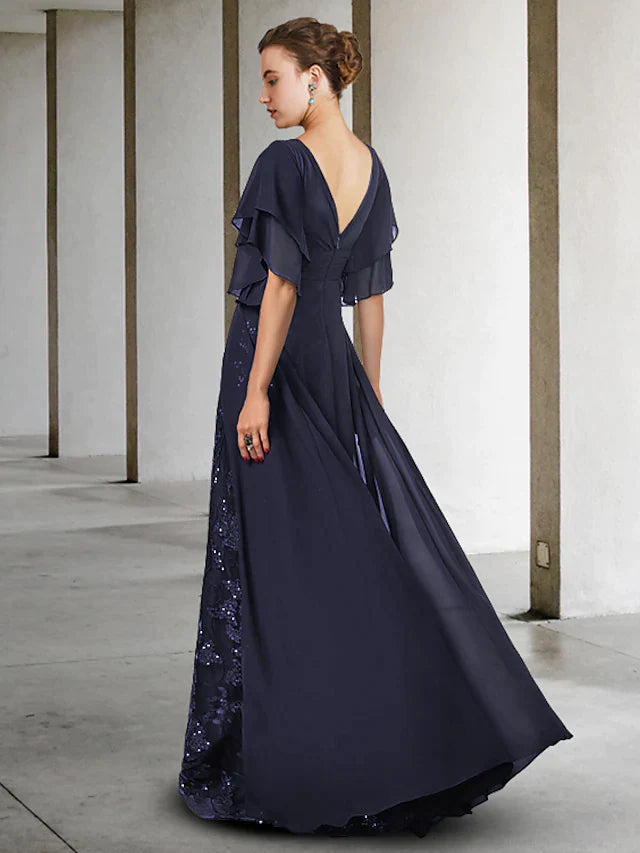 Back view of the elegant V-neck short sleeve lace sequined mother of the bride gown.