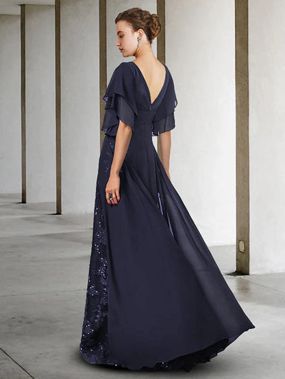 Back view of the elegant V-neck short sleeve lace sequined mother of the bride gown.