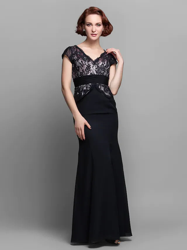 Elegant Mother of the Bride dress with V-neck, short sleeves, ruched bodice, and floor-length skirt.